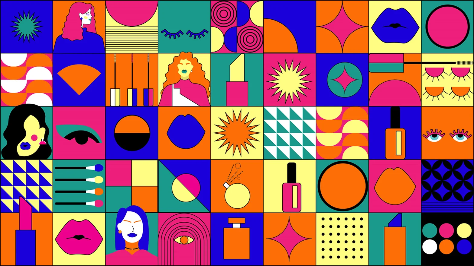 A vibrant pattern featuring an array of objects and faces in various colors