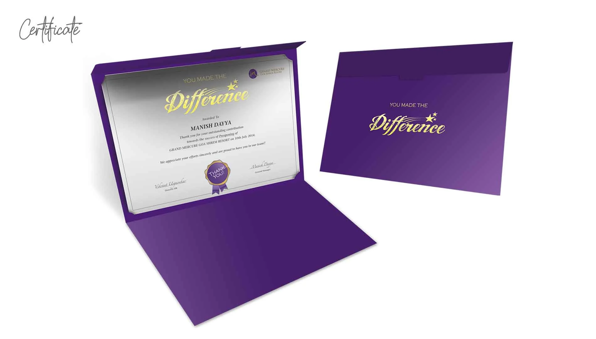 Achievements of Grand Mercure A purple certificate framed in gold, symbolizing the achievements of Grand Mercure