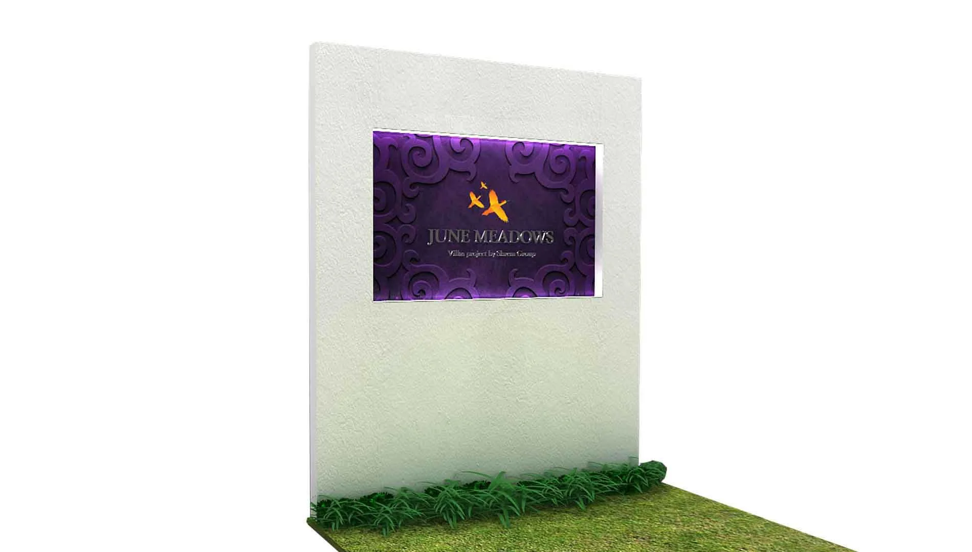 Large white wall featuring 'June Meadows' logo Large white wall featuring a prominent purple and gold 'June Meadows' logo