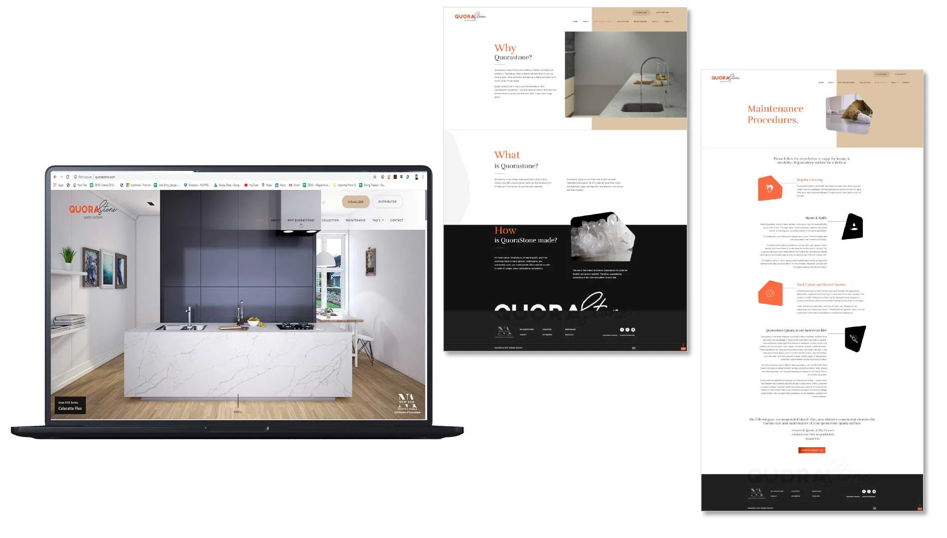 Website design showcasing modern kitchen and bathroom layouts | Quorastone Website design showcasing modern kitchen and bathroom layouts | Quorastone