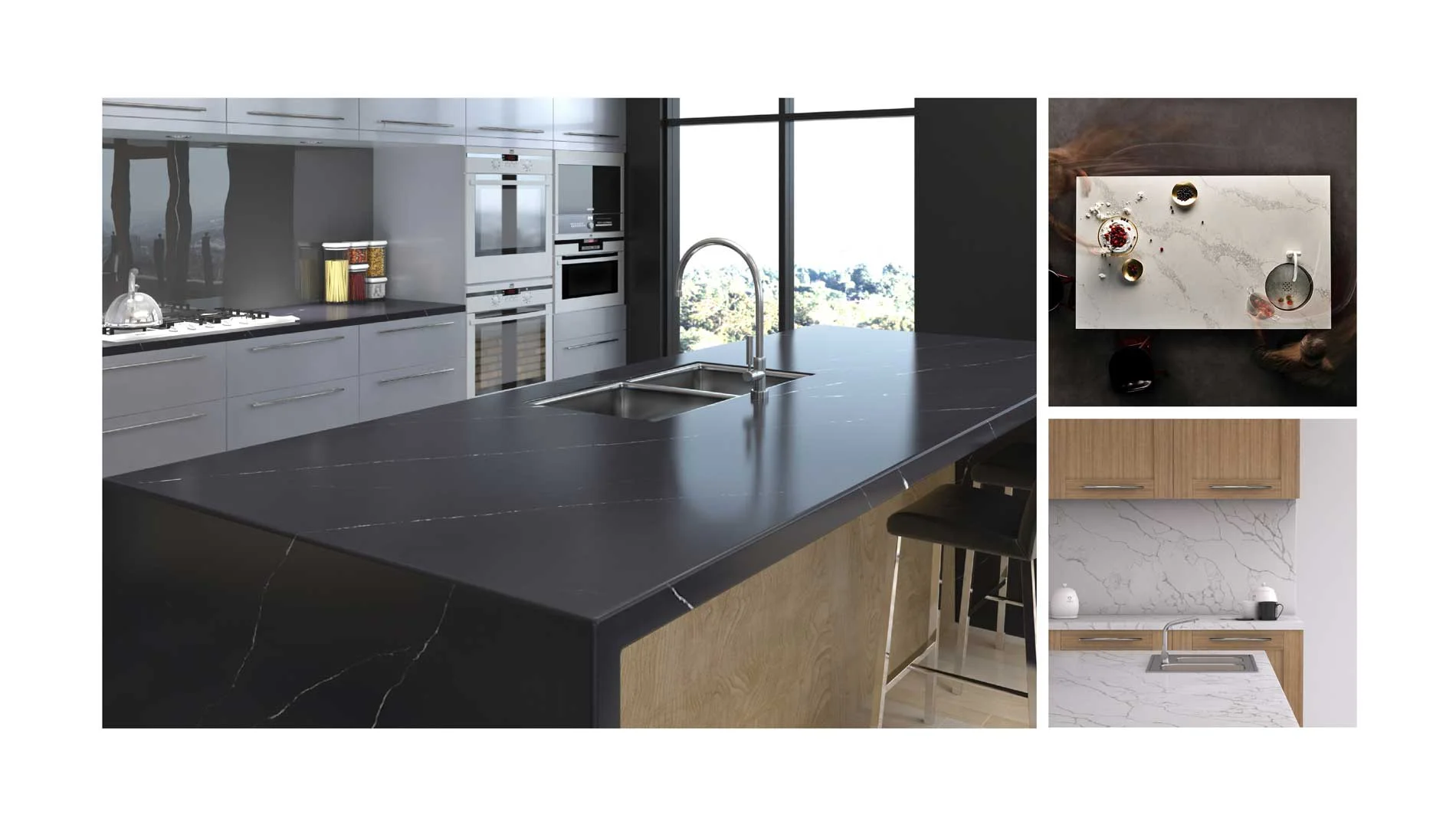 A collage featuring various kitchen countertops | Quorastone A collage featuring various kitchen countertops | Quorastone