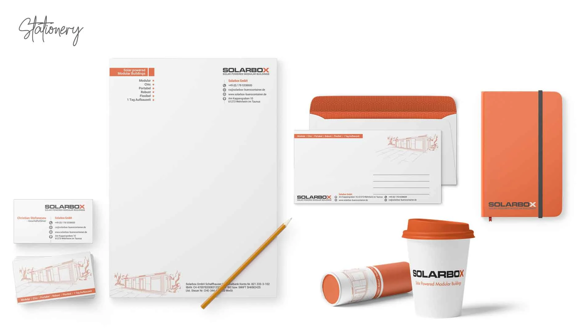 SolarBox branding by Boch & Fernsh SolarBox branding by Boch & Fernsh: professional stationery featuring modern orange and white design for modular buildings