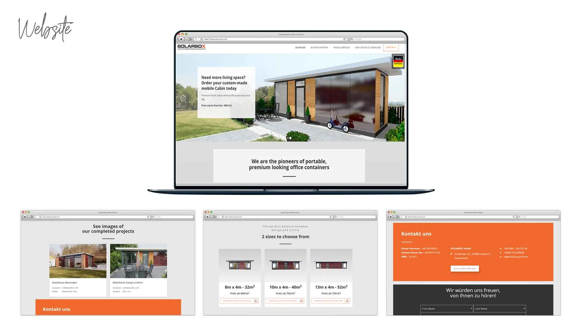 SolarBox website: sleek, user-friendly design showcasing premium portable office containers with detailed project views