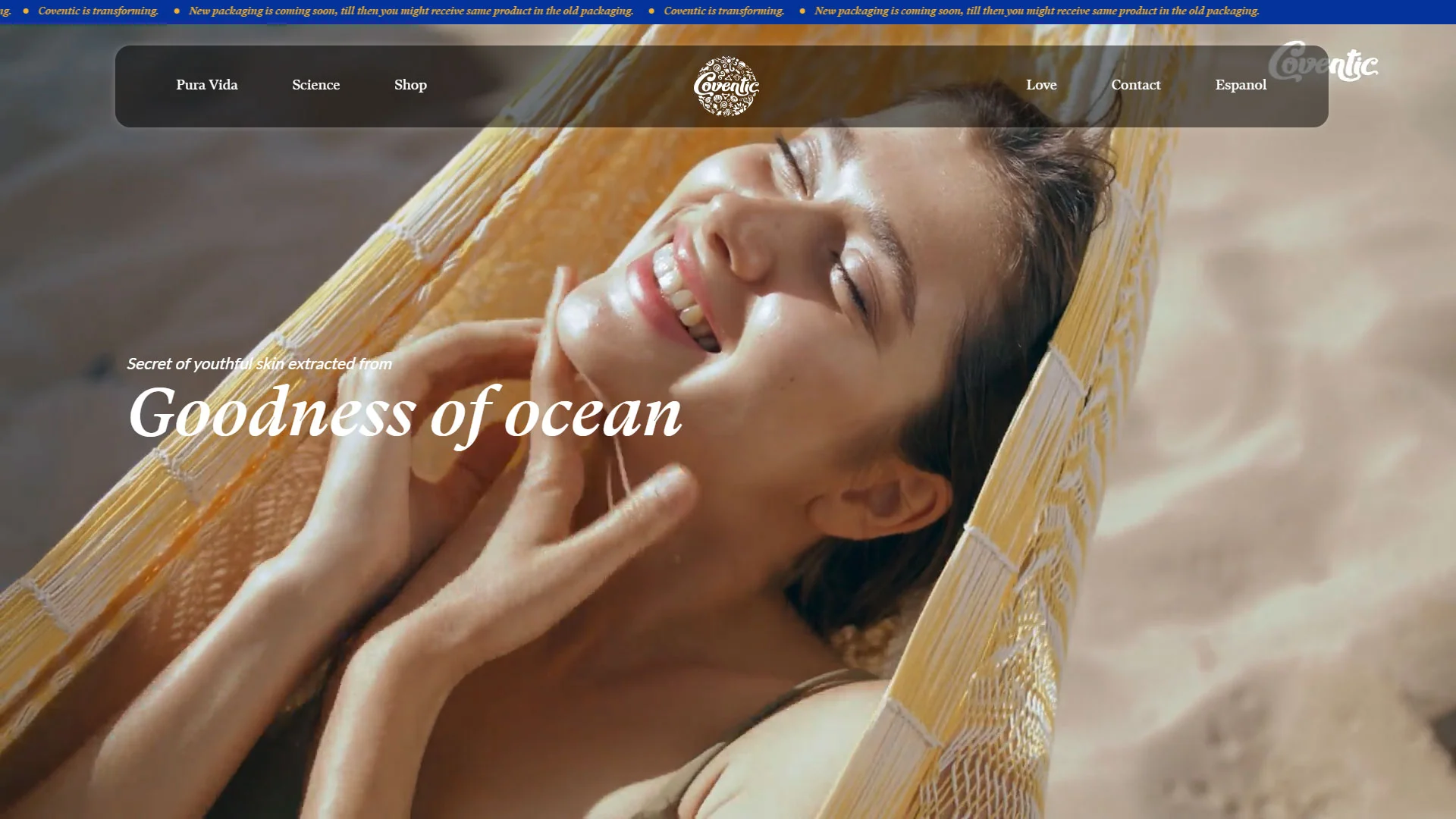 Woman smiling and relaxing in a hammock with the text 'Goodness of ocean' promoting Coventic's ocean-derived skincare