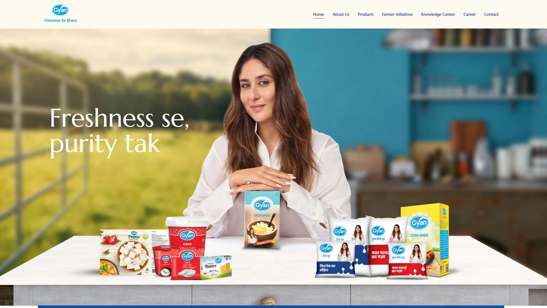 Gyandairy | Kareena Kapoor seated at a table surrounded by diverse food products | Boch & Fernsh Digital Agency in Mumbai